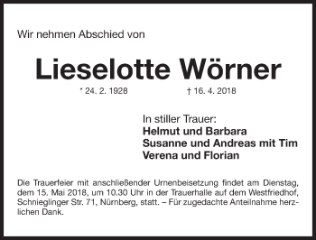 Traueranzeige von Lieselotte Wörner von Gesamtausgabe Nürnberger Nachrichten/ Nürnberger Ztg.
