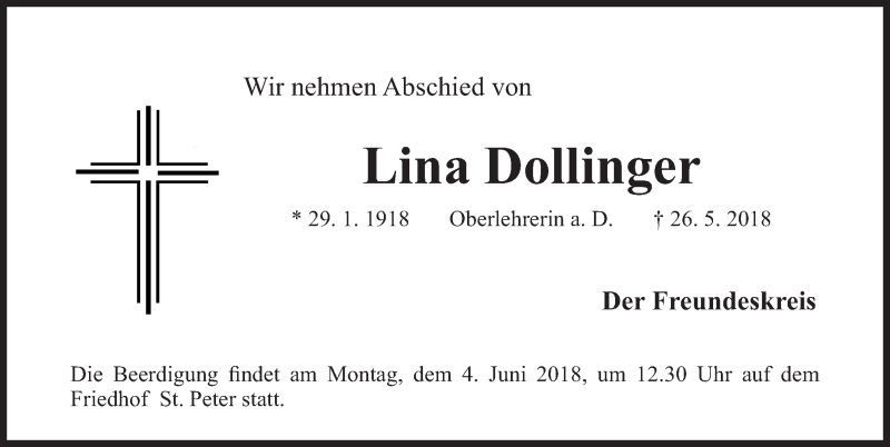  Traueranzeige für Lina Dollinger vom 30.05.2018 aus Gesamtausgabe Nürnberger Nachrichten/ Nürnberger Ztg.