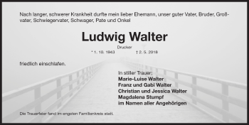 Traueranzeige von Ludwig Walter von Gesamtausgabe Nürnberger Nachrichten/ Nürnberger Ztg.