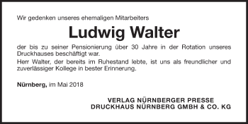 Traueranzeige von Ludwig Walter von Gesamtausgabe Nürnberger Nachrichten/ Nürnberger Ztg.