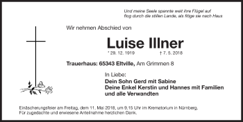 Traueranzeige von Luise Illner von Gesamtausgabe Nürnberger Nachrichten/ Nürnberger Ztg.