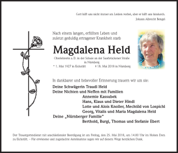 Traueranzeige von Magdalena Held von Gesamtausgabe Nürnberger Nachrichten/ Nürnberger Ztg.