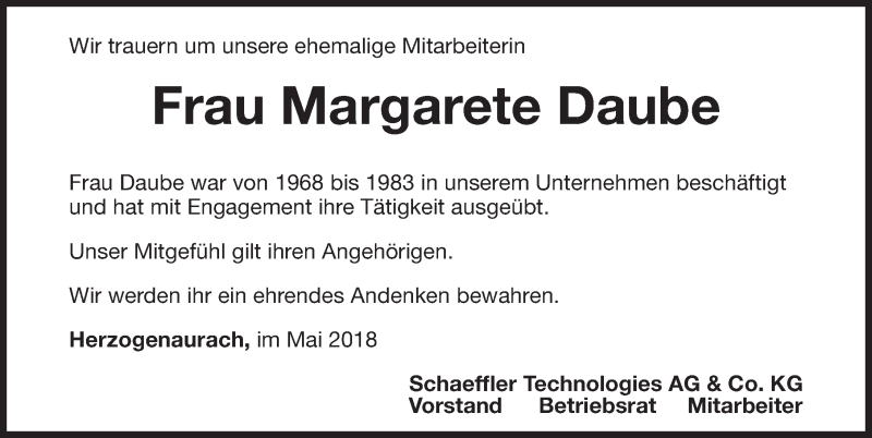  Traueranzeige für Margarete Daube vom 24.05.2018 aus Nordbayerische Nachrichten Herzogenaurach Lokal