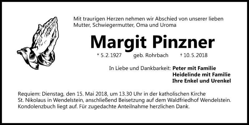  Traueranzeige für Margit Pinzner vom 12.05.2018 aus Schwabach