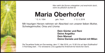 Traueranzeige von Maria Oberhofer von Gesamtausgabe Nürnberger Nachrichten/ Nürnberger Ztg.
