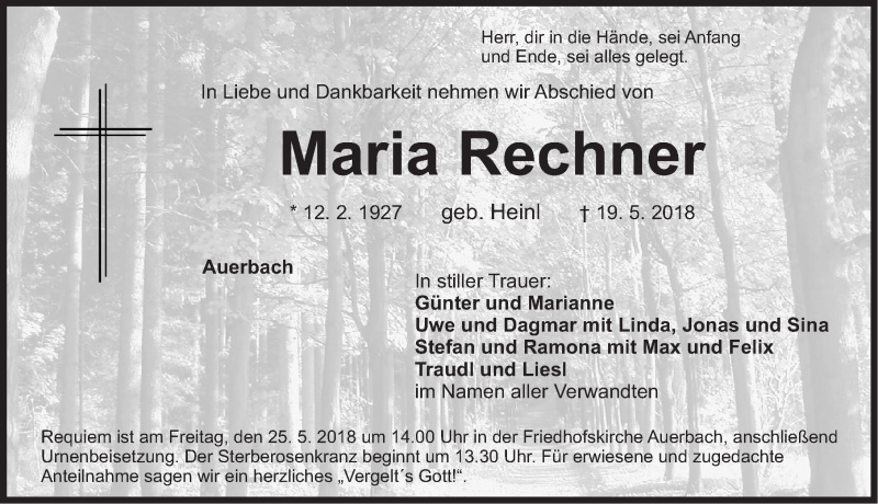  Traueranzeige für Maria Rechner vom 22.05.2018 aus Nordbayerische Nachrichten Pegnitz Lokal