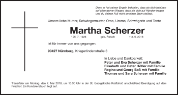 Traueranzeige von Martha Scherzer von Gesamtausgabe Nürnberger Nachrichten/ Nürnberger Ztg.