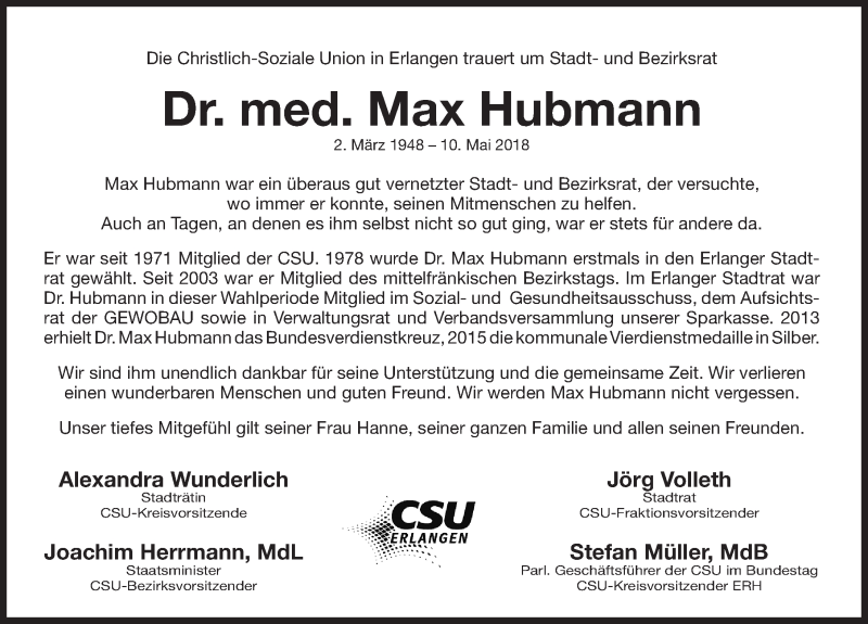  Traueranzeige für Max Josef Hubmann vom 15.05.2018 aus Erlanger Nachrichten Lokal