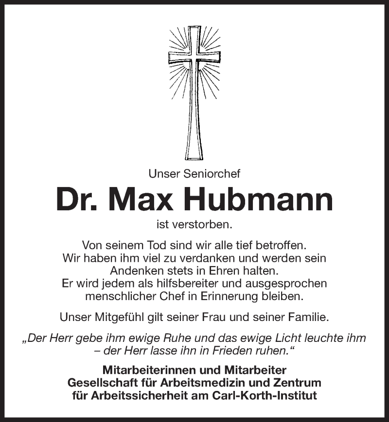  Traueranzeige für Max Josef Hubmann vom 14.05.2018 aus Gesamtausgabe Nürnberger Nachrichten/ Nürnberger Ztg.