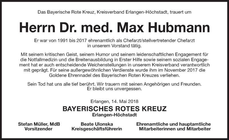  Traueranzeige für Max Josef Hubmann vom 15.05.2018 aus Erlanger Nachrichten Lokal