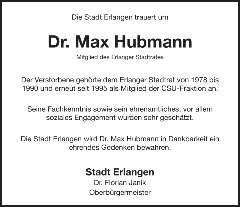  Traueranzeige für Max Josef Hubmann vom 15.05.2018 aus Erlanger Nachrichten Lokal
