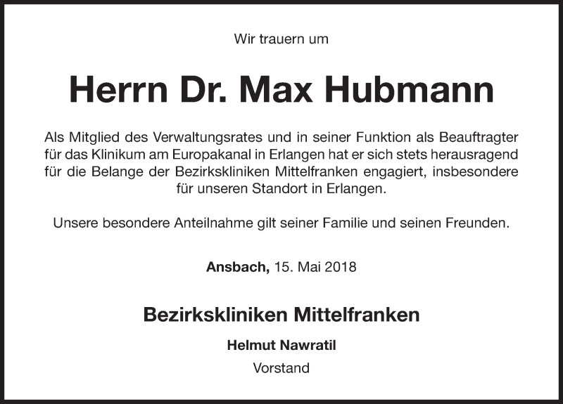  Traueranzeige für Max Josef Hubmann vom 15.05.2018 aus Gesamtausgabe Nürnberger Nachrichten/ Nürnberger Ztg.