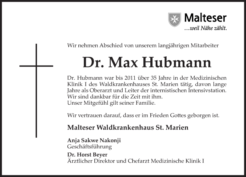  Traueranzeige für Max Josef Hubmann vom 15.05.2018 aus Erlanger Nachrichten Lokal