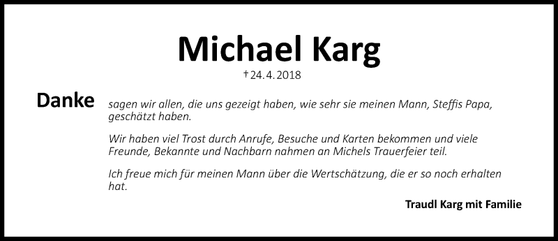  Traueranzeige für Michael Karg vom 05.05.2018 aus Schwabach