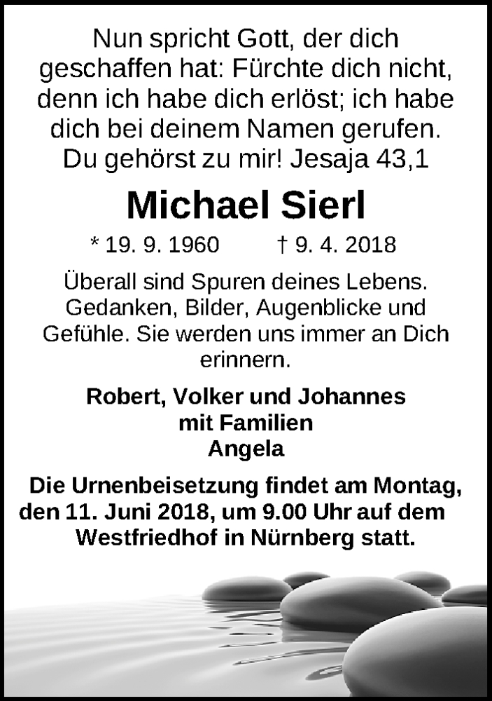  Traueranzeige für Michael Sierl vom 26.05.2018 aus Gesamtausgabe Nürnberger Nachrichten/ Nürnberger Ztg./ Erlanger Nachrichten