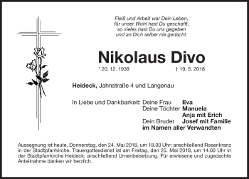 Traueranzeige von Nikolaus Divo von Roth-Hilpoltsteiner Volkszeitung Lokal