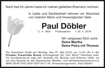 Traueranzeige von Paul Döbler von Gesamtausgabe Nürnberger Nachrichten/ Nürnberger Ztg.