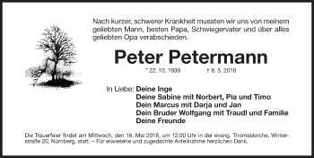 Traueranzeige von Peter Petermann von Gesamtausgabe Nürnberger Nachrichten/ Nürnberger Ztg.