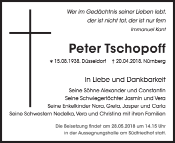 Traueranzeige von Peter Tschopoff von Gesamtausgabe Nürnberger Nachrichten/ Nürnberger Ztg.