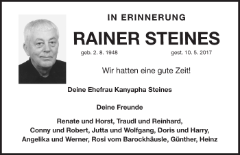 Traueranzeige von Rainer Steines von Gesamtausgabe Nürnberger Nachrichten/ Nürnberger Ztg.