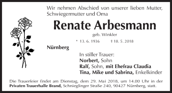 Traueranzeige von Renate Arbesmann von Gesamtausgabe Nürnberger Nachrichten/ Nürnberger Ztg.