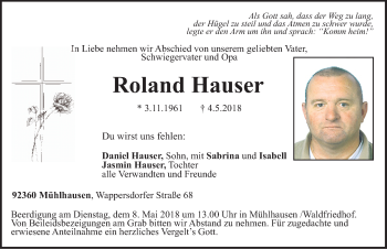 Traueranzeige von Roland Hauser von Neumarkter Nachrichten Lokal