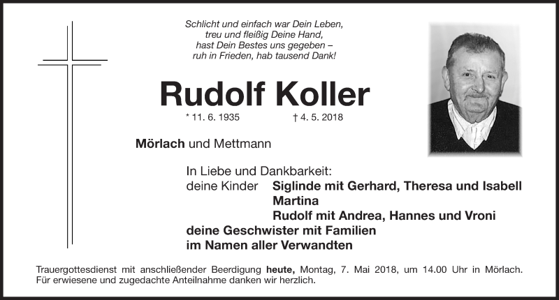  Traueranzeige für Rudolf Koller vom 07.05.2018 aus Roth-Hilpoltsteiner Volkszeitung Lokal