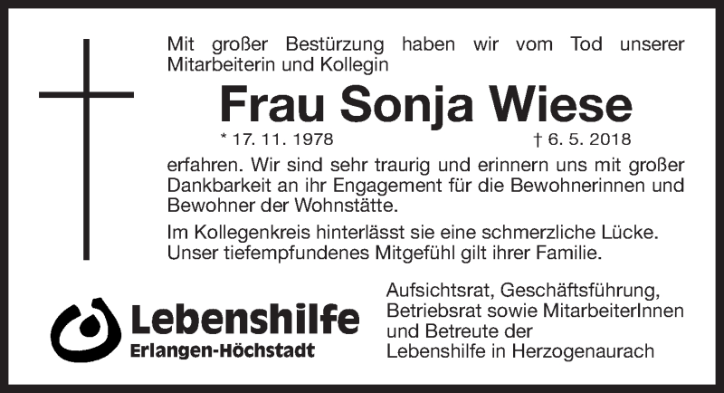  Traueranzeige für Sonja Wiese vom 16.05.2018 aus Nordbayerische Nachrichten Herzogenaurach Lokal