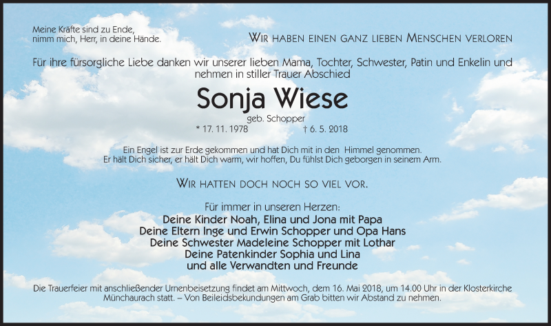  Traueranzeige für Sonja Wiese vom 10.05.2018 aus Nordbayerische Nachrichten Herzogenaurach Lokal