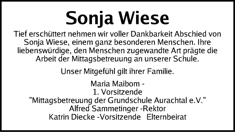  Traueranzeige für Sonja Wiese vom 12.05.2018 aus Nordbayerische Nachrichten Herzogenaurach Lokal