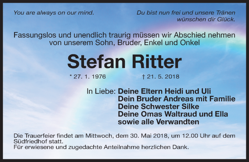  Traueranzeige für Stefan Ritter vom 28.05.2018 aus Gesamtausgabe Nürnberger Nachrichten/ Nürnberger Ztg.
