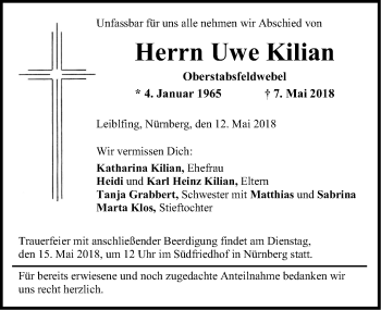 Traueranzeige von Uwe Kilian von Gesamtausgabe Nürnberger Nachrichten/ Nürnberger Ztg.