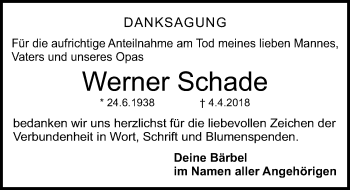 Traueranzeige von Werner Schade von Gesamtausgabe Nürnberger Nachrichten/ Nürnberger Ztg.