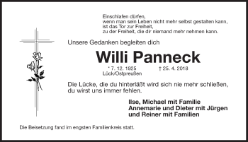 Traueranzeige von Willi Panneck von Gesamtausgabe Nürnberger Nachrichten/ Nürnberger Ztg.