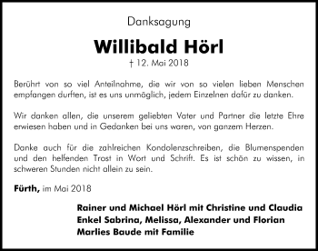 Traueranzeige von Willibald Hörl von Fürther Nachrichten Lokal