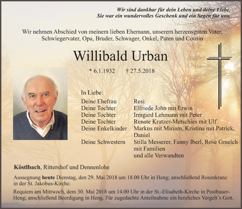  Traueranzeige für Willibald Urban vom 29.05.2018 aus Neumarkter Nachrichten Lokal