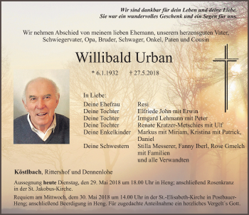 Traueranzeige von Willibald Urban von Neumarkter Nachrichten Lokal