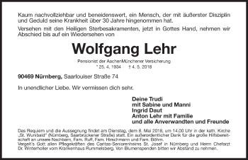 Traueranzeige von Wolfgang Lehr von Gesamtausgabe Nürnberger Nachrichten/ Nürnberger Ztg.