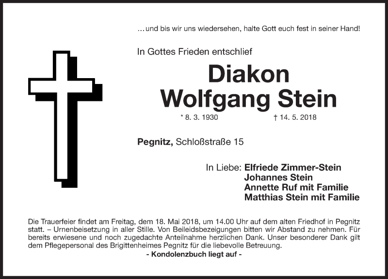  Traueranzeige für Wolfgang Stein vom 16.05.2018 aus Nordbayerische Nachrichten Pegnitz Lokal