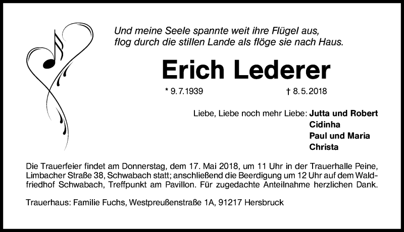  Traueranzeige für Erich Lederer vom 15.05.2018 aus 