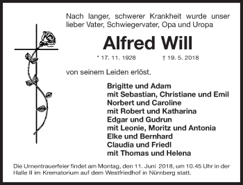 Traueranzeige von Alfred Will von Gesamtausgabe Nürnberger Nachrichten/ Nürnberger Ztg.