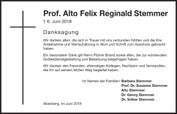 Traueranzeige von Alto Felix Reginald Stemmer von Schwabach