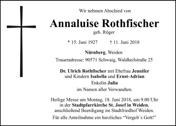 Traueranzeige von Annaluise Rothfischer von Gesamtausgabe Nürnberger Nachrichten/ Nürnberger Ztg.
