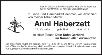 Traueranzeige von Anni Haberzett von Gesamtausgabe Nürnberger Nachrichten/ Nürnberger Ztg.