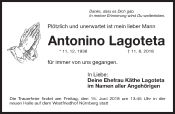 Traueranzeige von Antonino Lagoteta von Gesamtausgabe Nürnberger Nachrichten/ Nürnberger Ztg.
