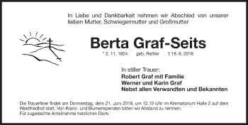 Traueranzeige von Berta Graf-Seits von Gesamtausgabe Nürnberger Nachrichten/ Nürnberger Ztg.
