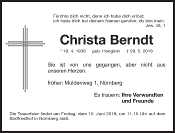 Traueranzeige von Christa Berndt von Gesamtausgabe Nürnberger Nachrichten/ Nürnberger Ztg.
