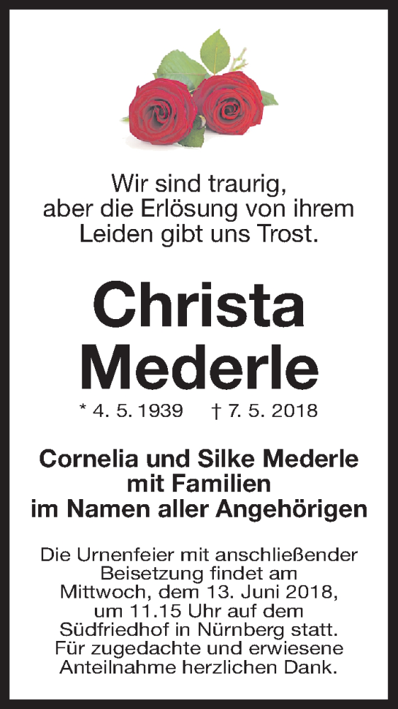  Traueranzeige für Christa Mederle vom 09.06.2018 aus Gesamtausgabe Nürnberger Nachrichten/ Nürnberger Ztg.