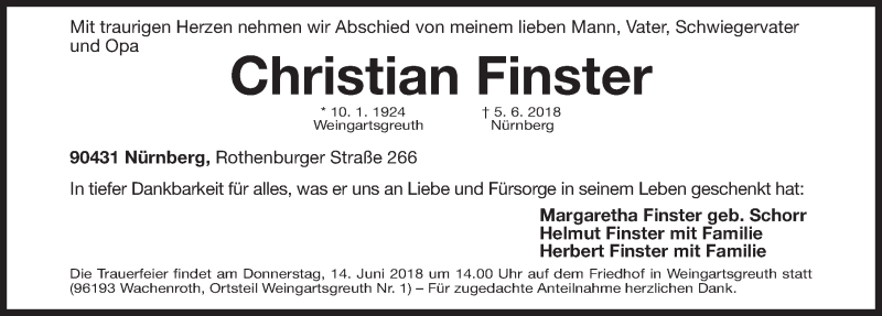  Traueranzeige für Christian Finster vom 13.06.2018 aus Gesamtausgabe Nürnberger Nachrichten/ Nürnberger Ztg./ Erlanger Nachrichten
