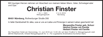 Traueranzeige von Christian Finster von Gesamtausgabe Nürnberger Nachrichten/ Nürnberger Ztg./ Erlanger Nachrichten